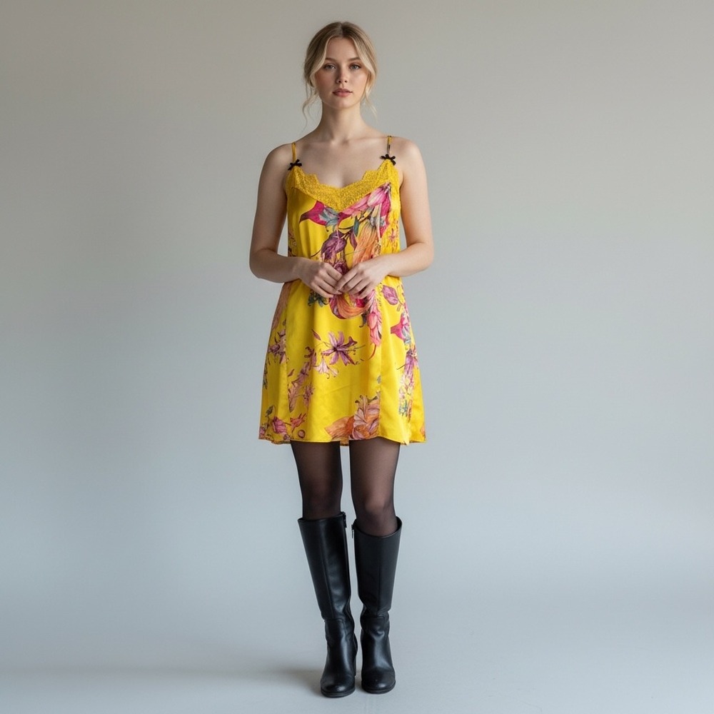 Yellow Floral Lace Trim Cami Dress Sleeveless Mini Summer Sun Dress‎
